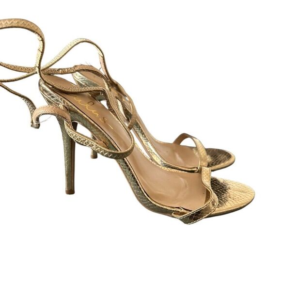 Lulu’s Adelle Light Gold Snake Embossed Ankle Strap Heels Women's 9 Gold - Picture 1 of 12